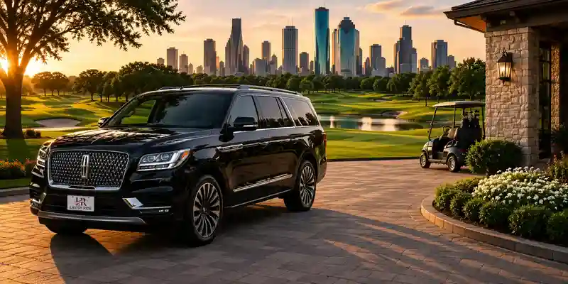Black Lincoln Navigator with Lavish Ride logo arriving at a Houston golf club for a luxury golf getaway experience.